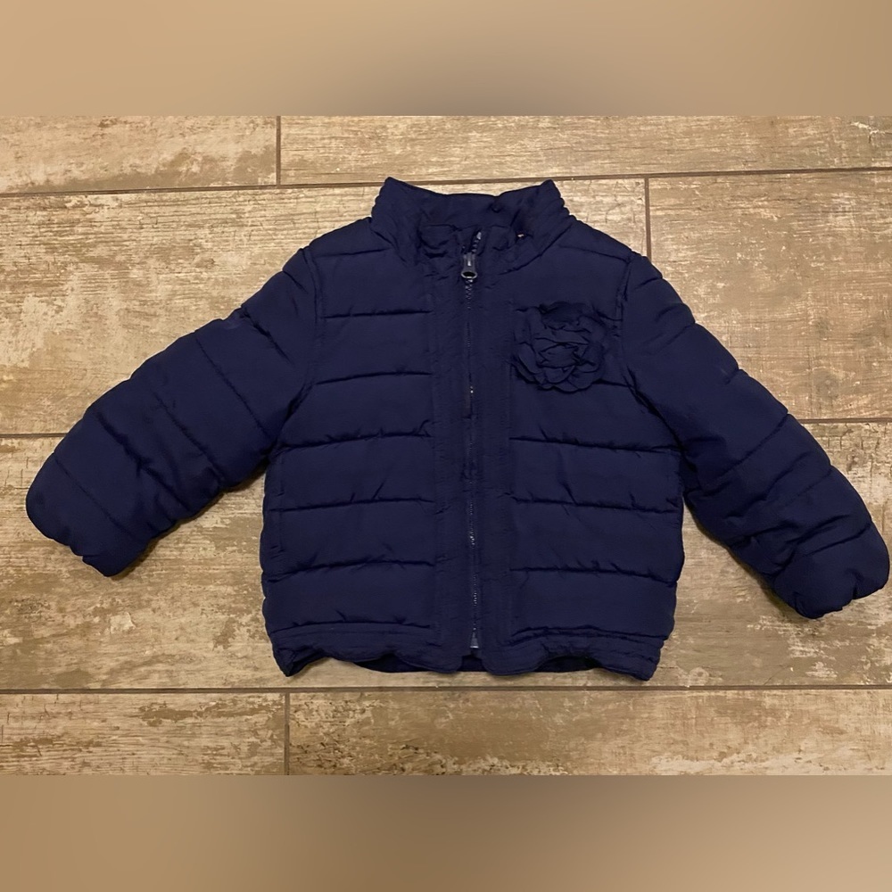 BabyGap navy blue puffer with flower detail size 2 yrs